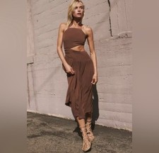 Free People Suki Midi Dress Brown 100% Viscose Halter Cut-Out Smocked Tie Size L