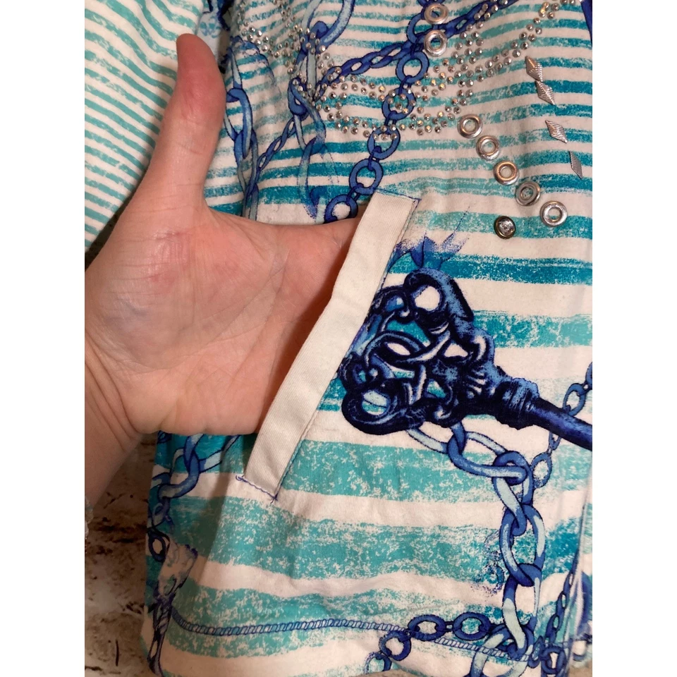 Onque Casuals Jacket Petite Large Lightweight Front Zip Nautical Beachy Beaded - Image 3 of 4