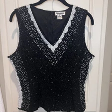 VTG Mark & John by Gopal 100% Silk Sequin Beaded V Neck Sleeveless Party Top M