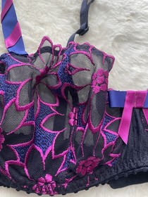 Aubade Paris Underwired Sheer Mesh Floral Embroidered Balconette Bra 34C Navy
