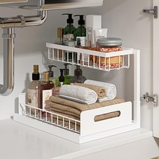 REALINN Under Sink Organizer L Shaped 2 Tier Pull Out Cabinet Organizer Slide