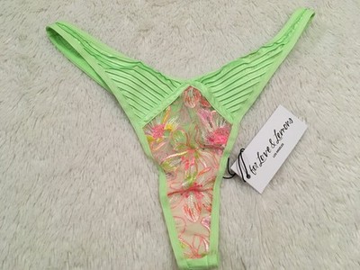 XL For Love & Lemons Electric Fields Satin High Waist THONG Panty Green Sheer