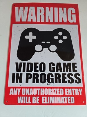 Warning Gaming In Progress Metal Sign 8  Red Rectangle Hanging Gamer
