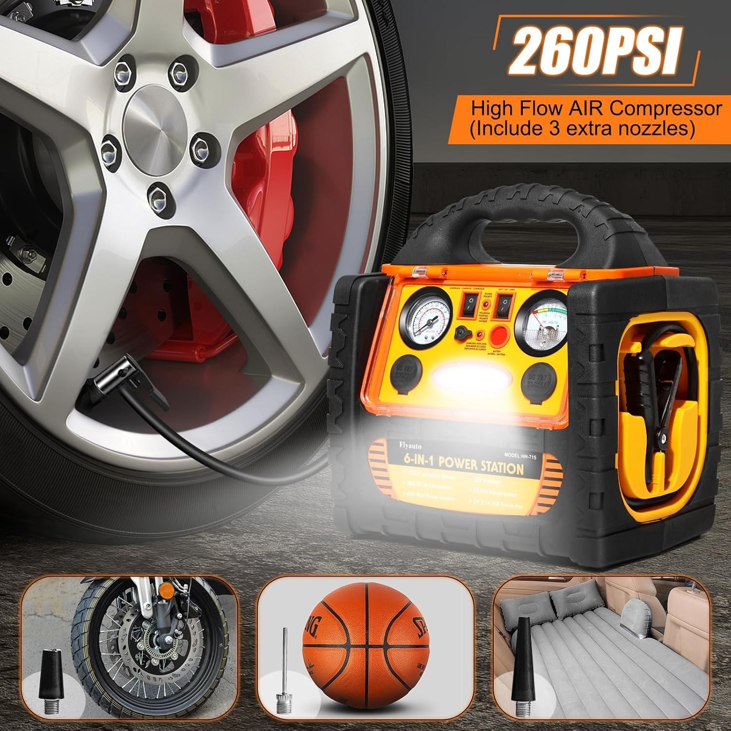 6 in 1 Portable Jump Starter & 260 PSI Air Compressor – Perfect for Emergencies