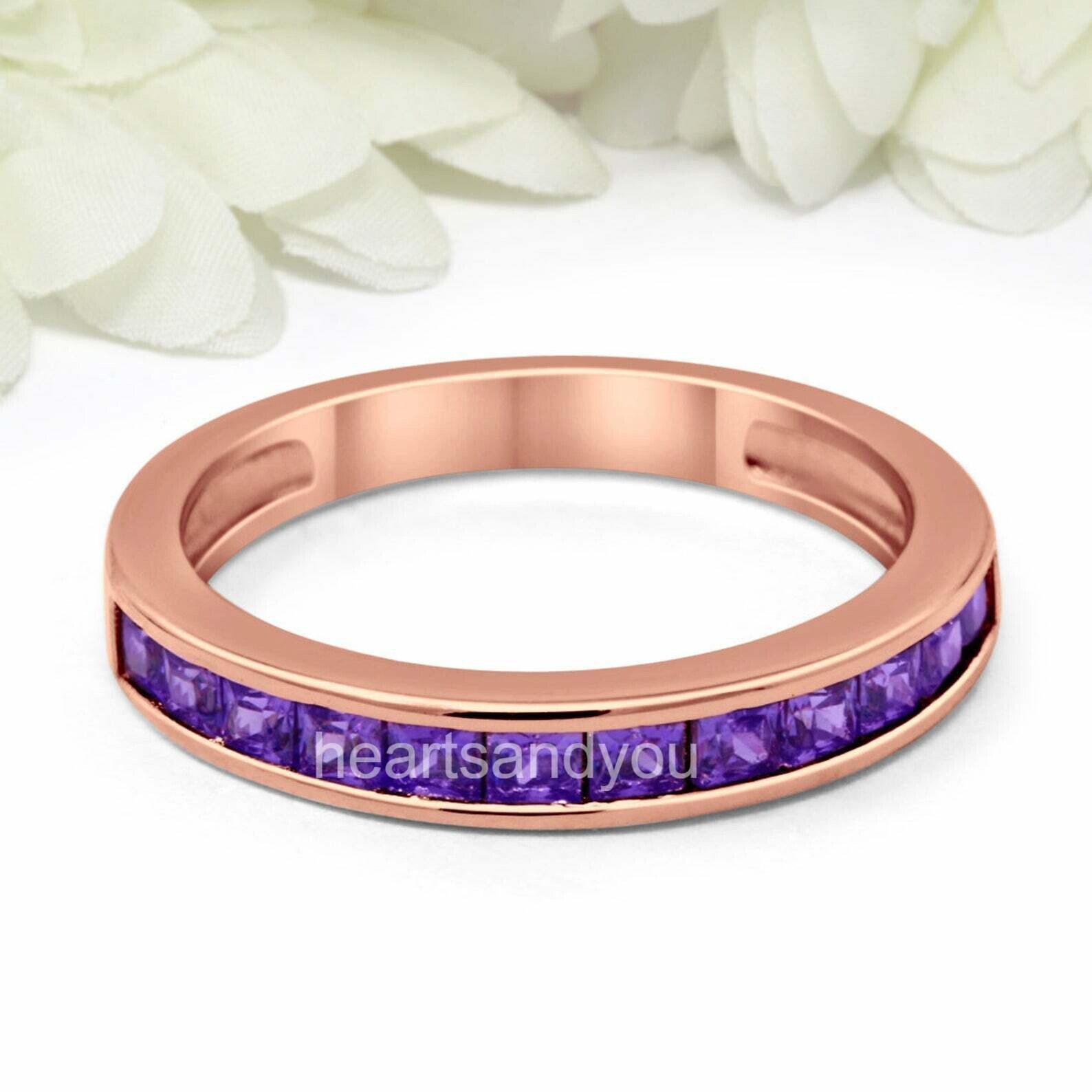Princess Amethyst Band Ring Half Eternity Rose Gold Plated Silver