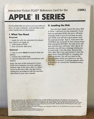 Vtg 80s Apple II Series Interactive Fiction Plus Info Card Infocom Cambridge MA