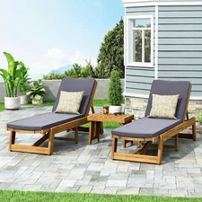 Karyme Outdoor Acacia Wood 3 Piece Chaise Lounge Set with Water-Resistant Cushio