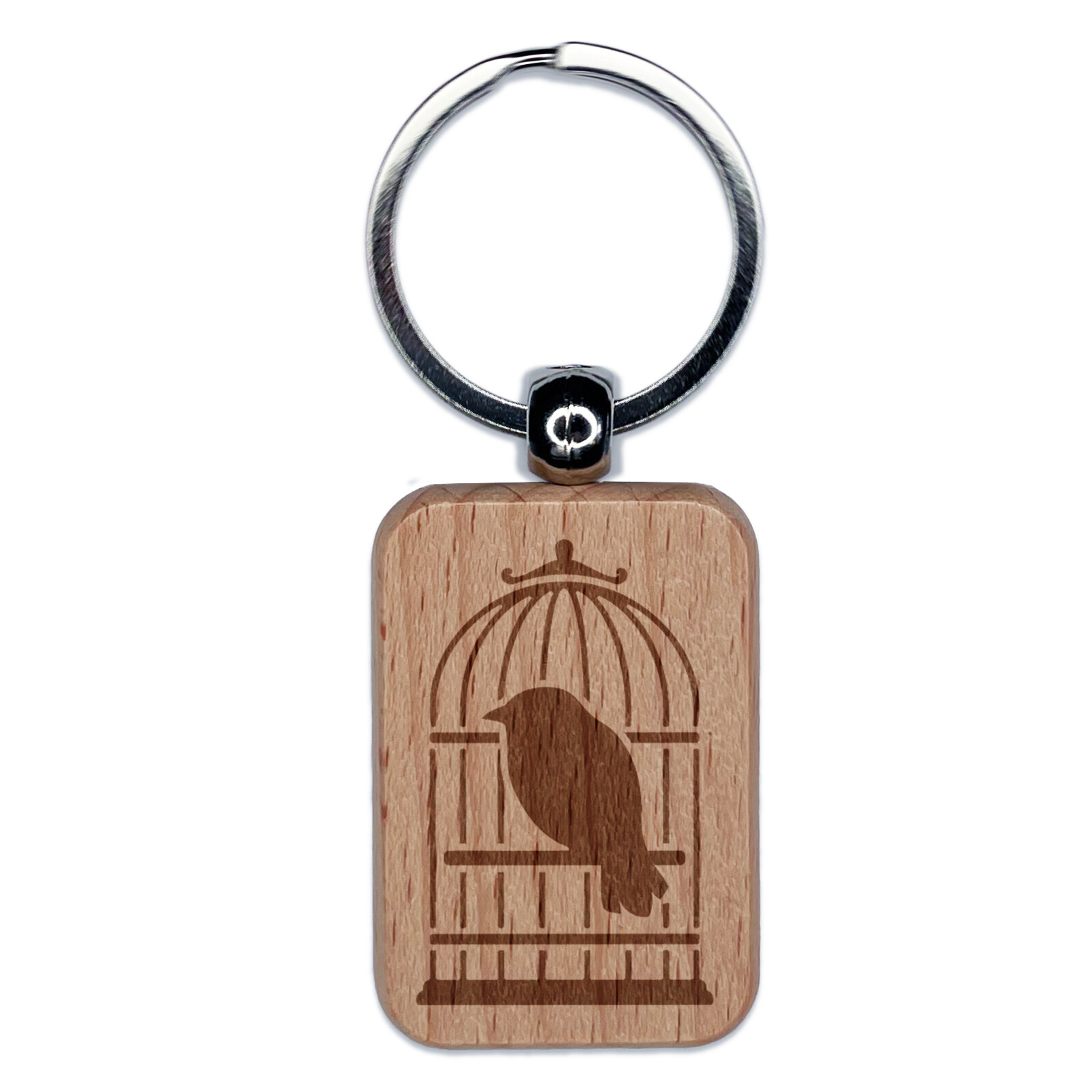 Pet Wire Bird in Birdcage Engraved Wood Rectangle Keychain Tag Charm