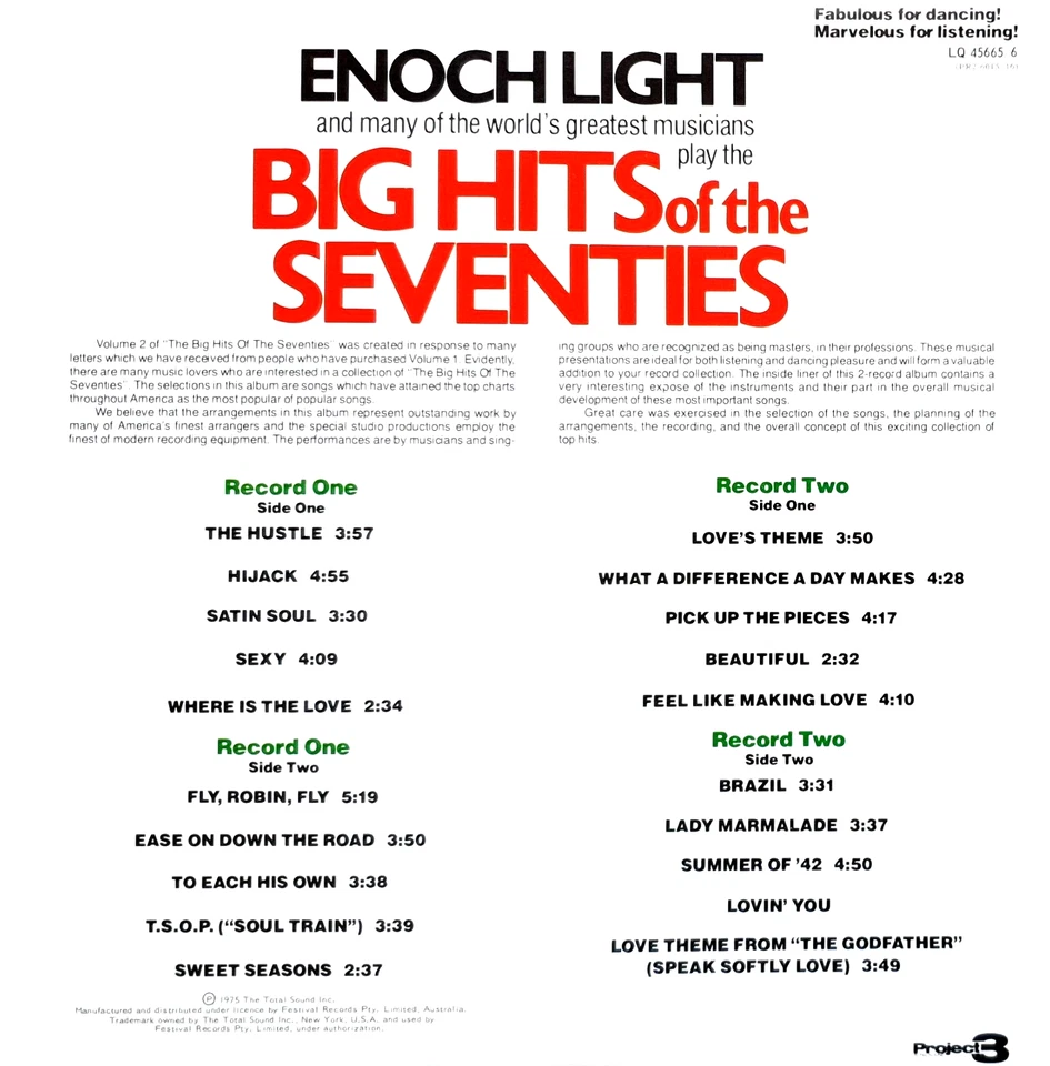 Enoch Light & The Light Brigade–Big Hits Of The Seventies 2LP Quadraphonic NEW - Image 2 of 2