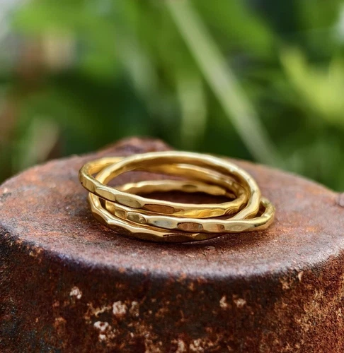 Hammered Russian Wedding Band Ring , 14k Gold Plated Silver Interlocking Rings