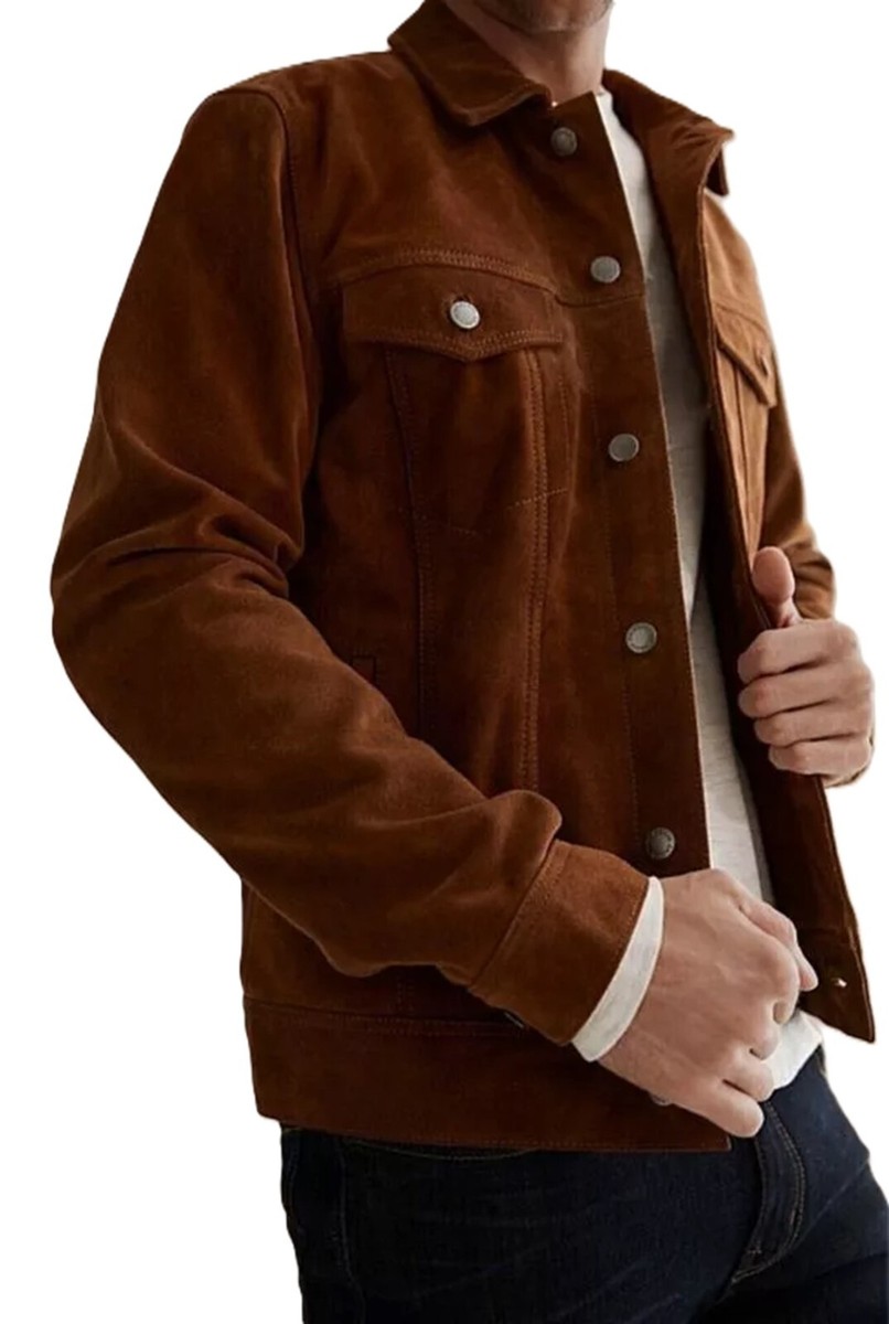 Leather Goat Suede Trucker Jacket Tall Suede Jacket Brown Real