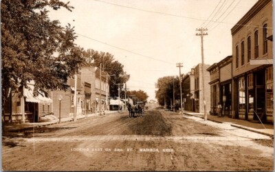 RPPC Madison NE 3rd Street Scene Horse Cart Garage Nebraska photo postcard HQ14