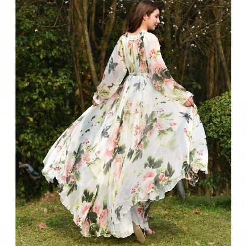 Women Extra-long Floral Print Chiffon 