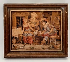 Vintage Tapestry Picture Framed Needlepoint Tapestry Pub Scene 12x10 1930s