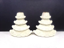 VINTAGE GIFTCO IVORY COLORED PORCELAIN CHRISTMAS TREE CANDLE HOLDERS IN BOX