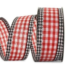 Red Black White Gingham Check Farmhouse Plaid Wired Ribbon 1.5" Wide X 10 Yards