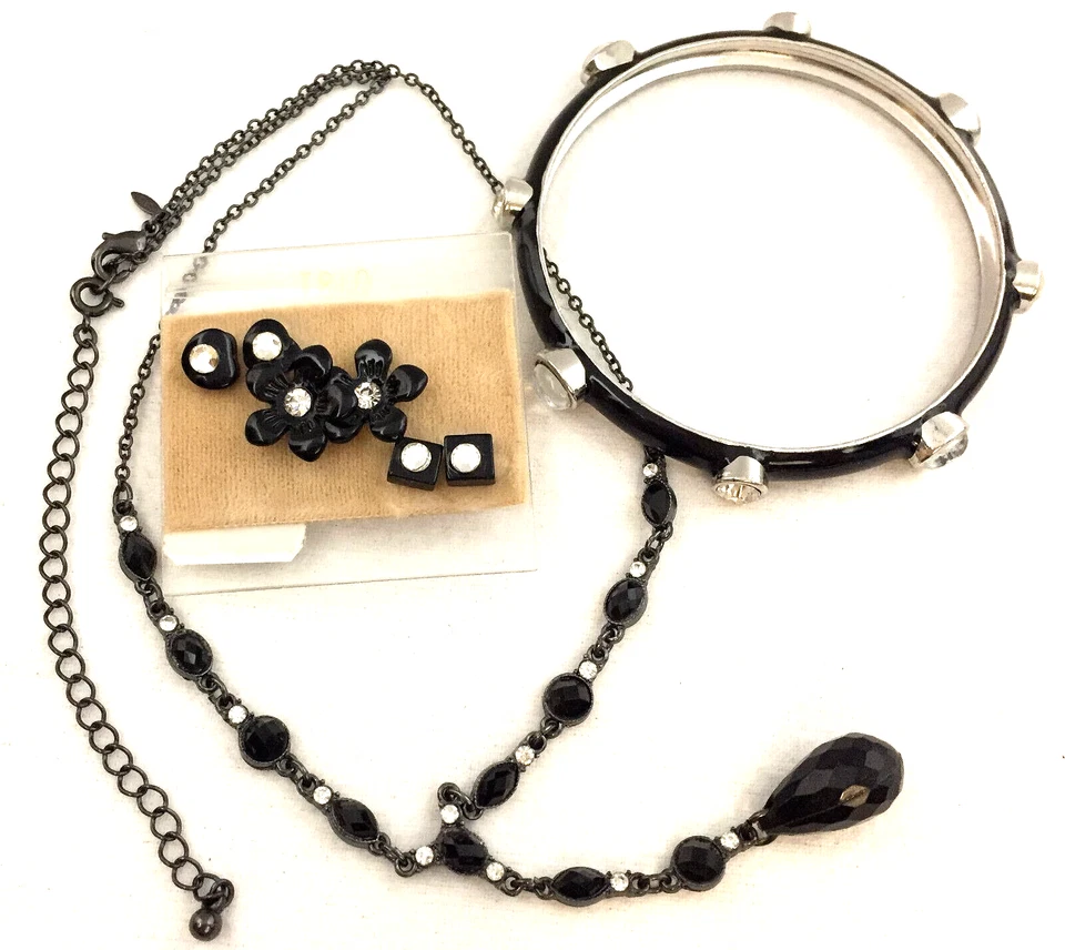 Collar Pulsera Pendientes Negro Esmalte Transparente Estrás Lote Vintage 5 Piezas Foto 2 de 4