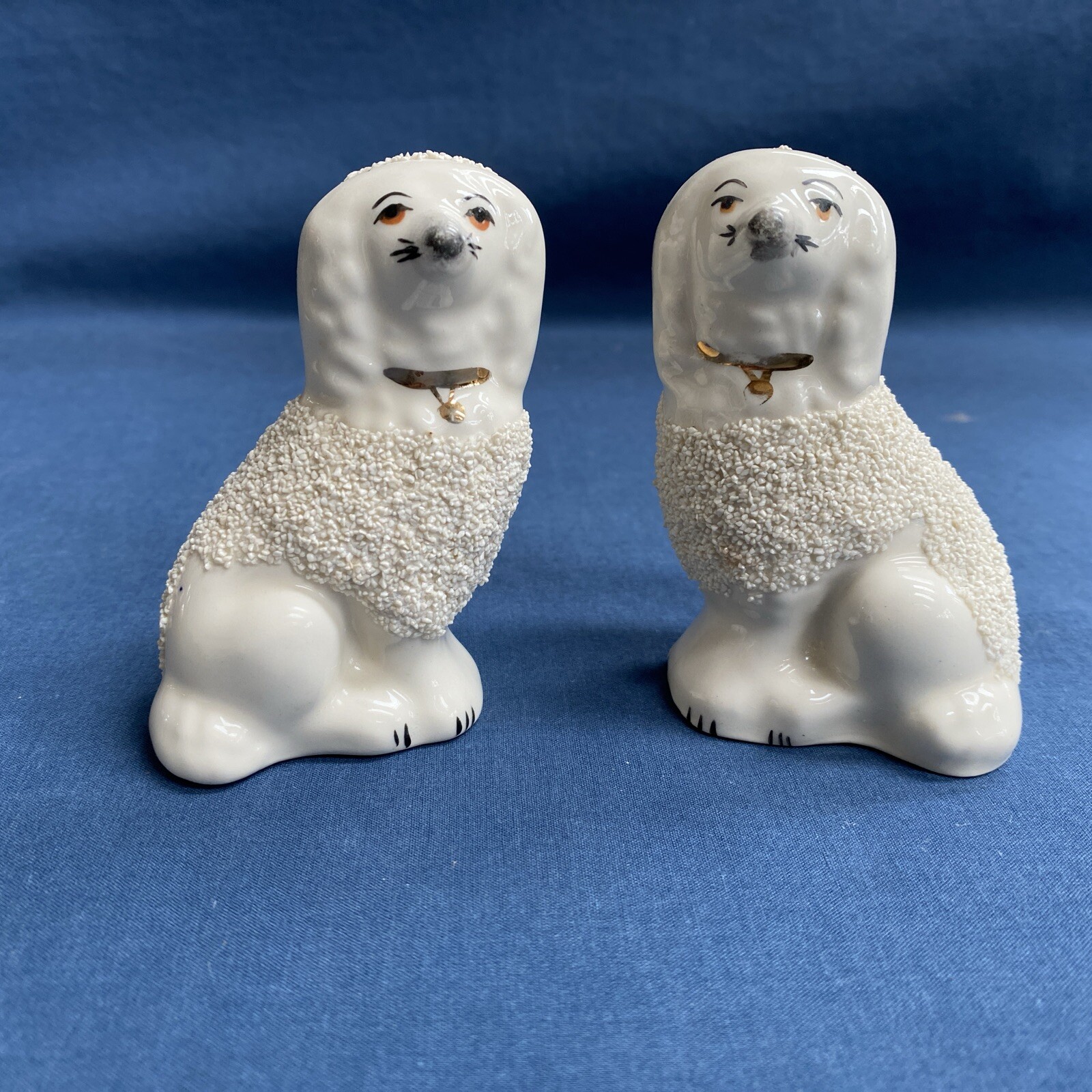 Pair Vintage Porcelain Staffordshire Confetti Poodle Dog Figurines 3 1/8