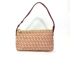 FENDI Zucchino Shoulder Bag pouch Canvas Leather Beige Red Gold FF Buckle
