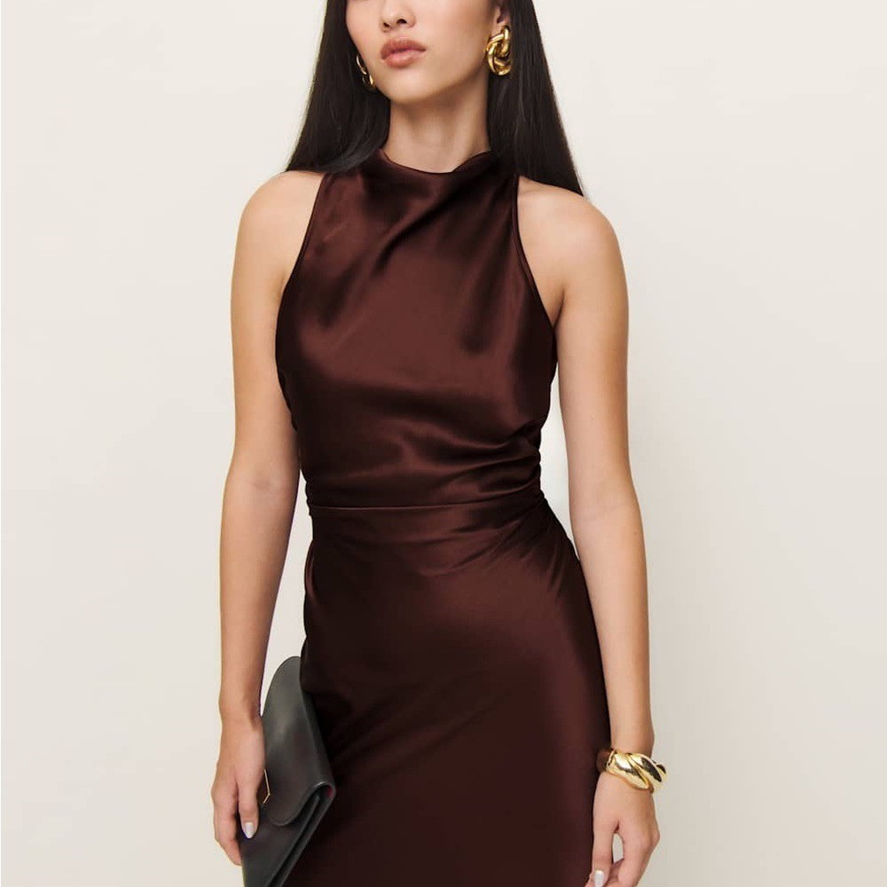Reformation Casette Silk Dress, Mahogany Brand New image 7