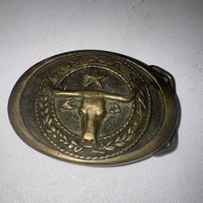 Texas Long Horn Oval Brass Belt Buckle Heritage Mint 1977 Vintage