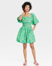 A New Day Green Puff Sleeve Cut Out Mini Dress Women's Size L Floral Ruched