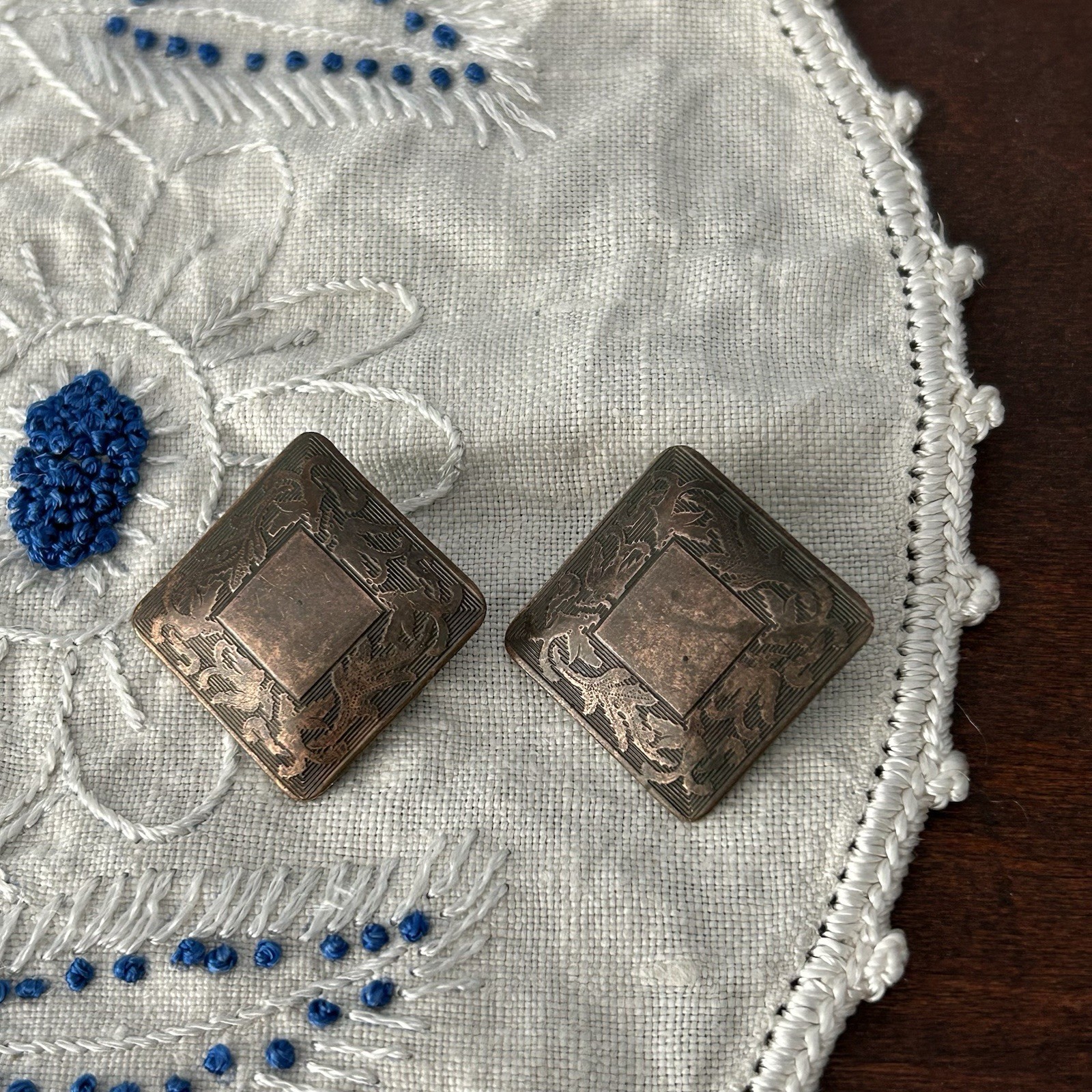 Copper Etched Leaf design post earrings diamond s… - image 1