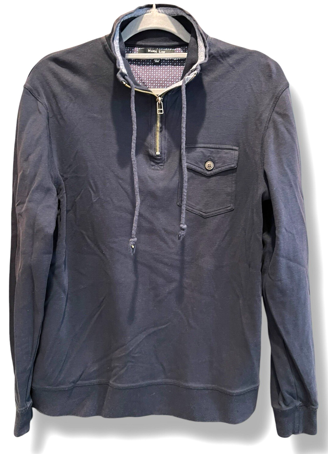 Mark Law Luxury Men Sweater Sweatshirt Sz Medium Raglan Navy Zip Drawstring SOFT