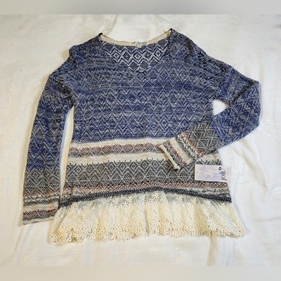 Jolt Blue and White Knit Sweater With Lace Ruffle Hem, NWT, Size Large