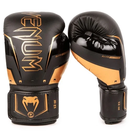 Venum Elite Evo Hook and Loop Boxing Gloves - Black/Bronze
