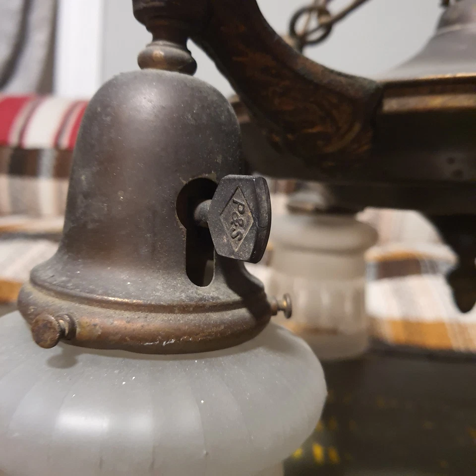 Antique Art Nouveau 1910's Drop Pan Chandelier Light Fixture 3 Frosted Shades - Image 4 of 4