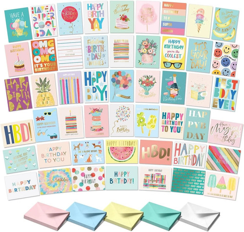 50 Happy Birthday Cards with Envelopes Assortment Box Variety Set Bulk Greeting