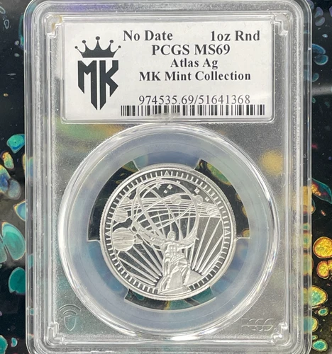 1/2 OUNCE SILVER ROUND, ATLAS AG, MK COLLECTION, GRADED BY PCGS, #0063