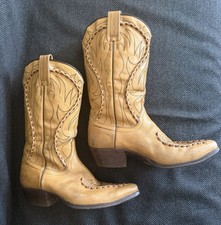 Vtg 70s Dan Post Whipstitch Cowboy Boots Made in Spain Tan Leather Sz 8 6622
