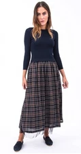 Sara Roka Heike Navy Tan Plaid Maxi Dress Size Italy 44 US 8 Wool Blend