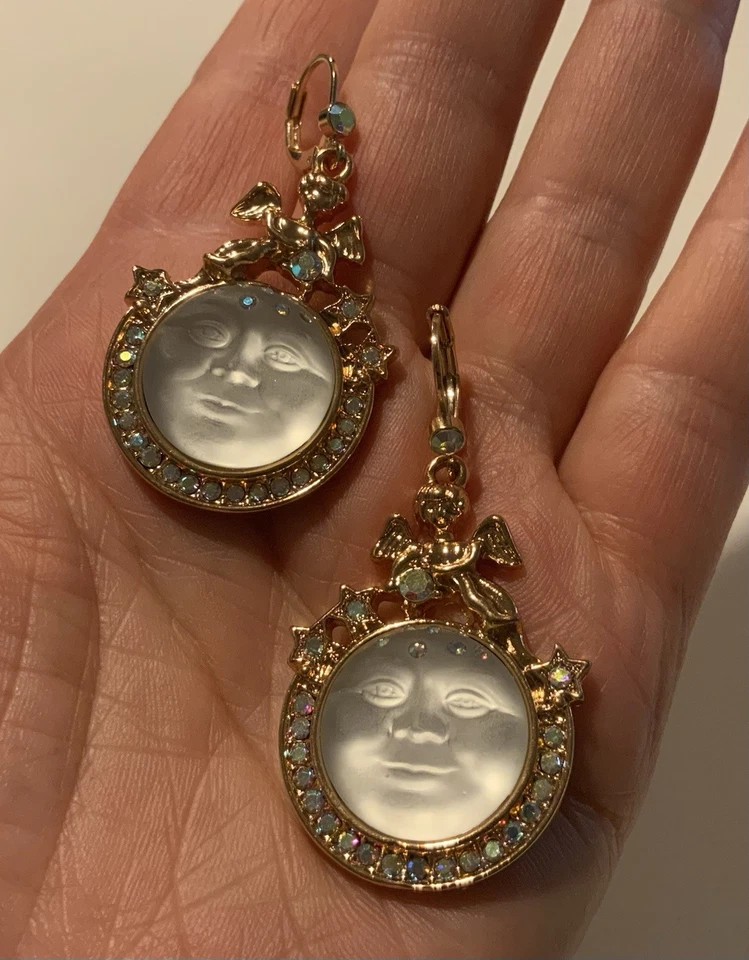 Pendientes Cara Luna Celestial Oro Estrella Ángel De Colección Perla Circonita Circonita Circonita Declaración Art Deco Foto 4 de 4