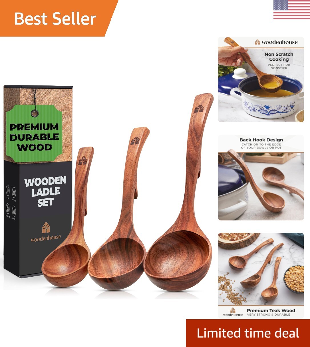 Sustainable Teak Wood Utensils Set - 3 Sizes Wooden Ladle Spoons with Back Hooks