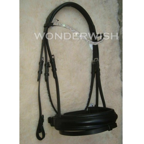 Dressage Horse Bridle Extra Wide Padded Noseband & Clear Crystal Browband 4 Size - Picture 2 of 3
