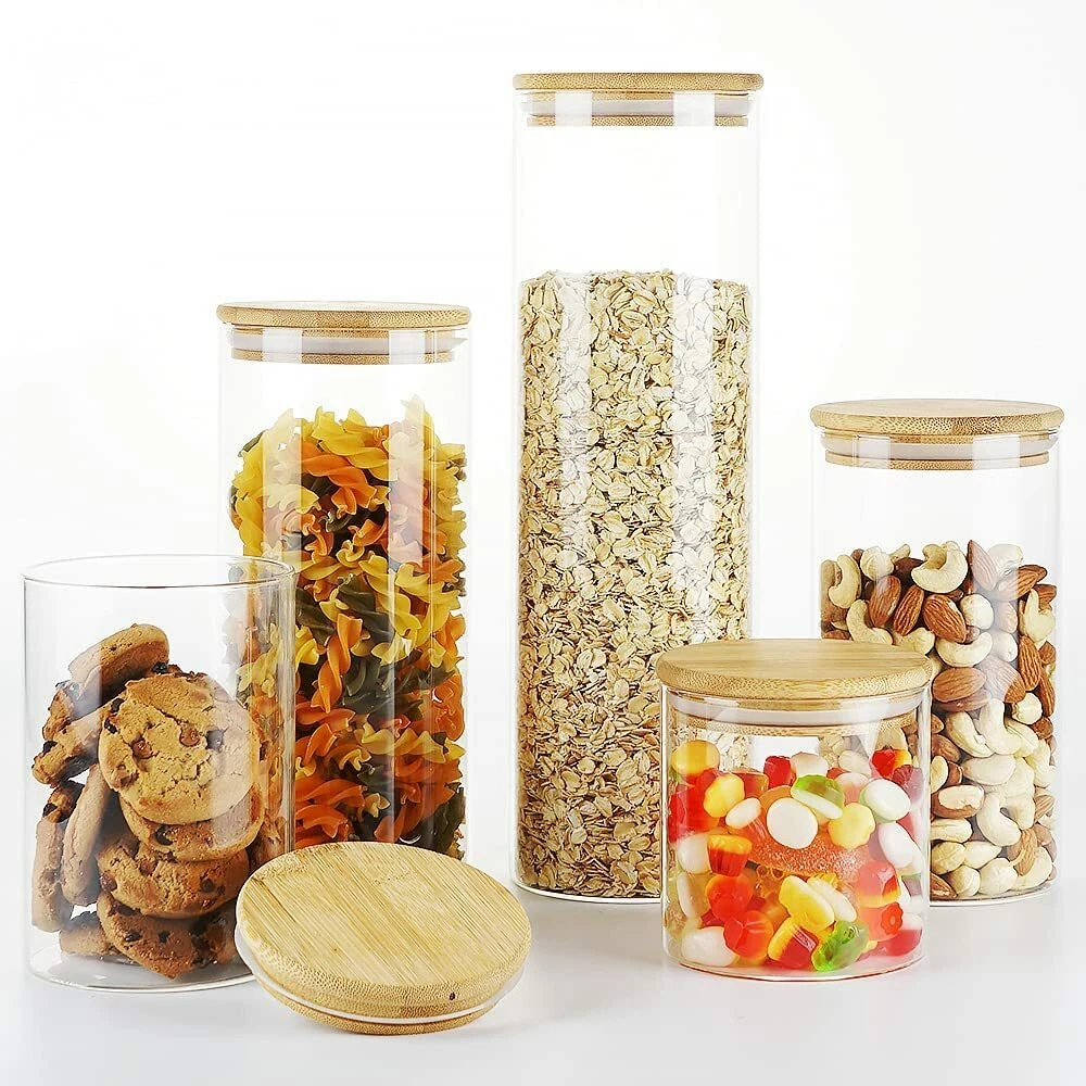 Set of 5 Emica Home Glass Storage Jars with Bamboo Airtight Lids
