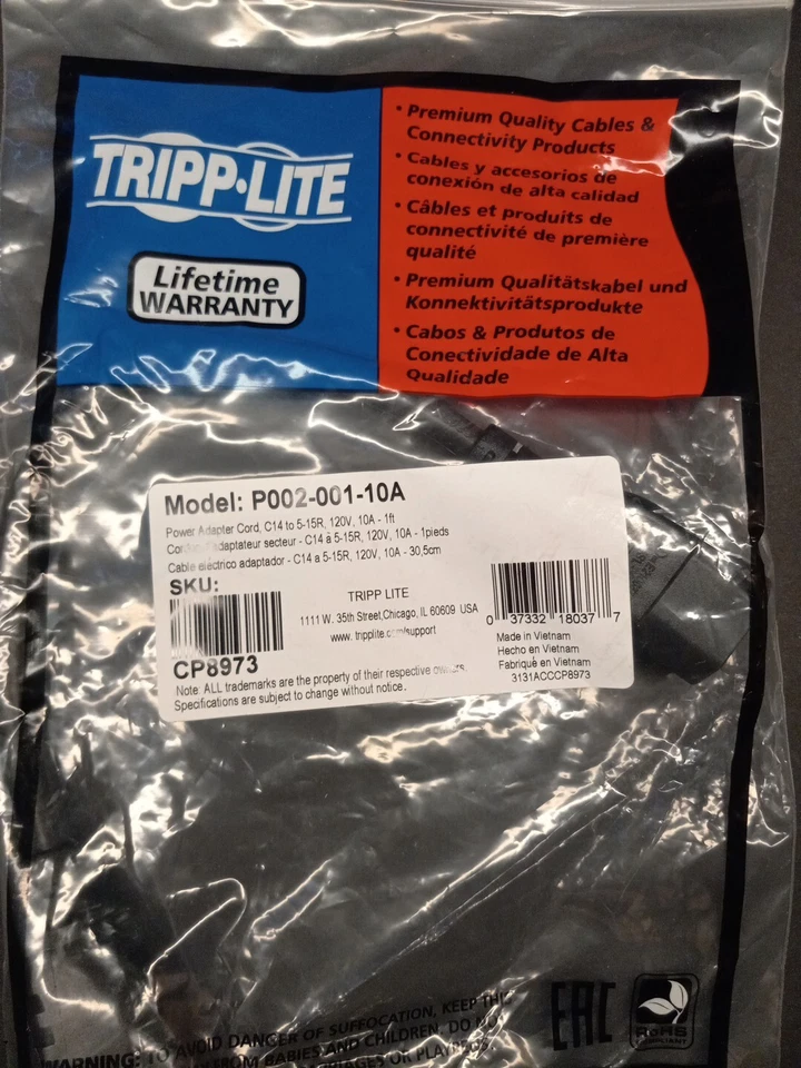 Tripp Lite Model P002-001-10a 1ft Power Adapter - Image 2 of 3