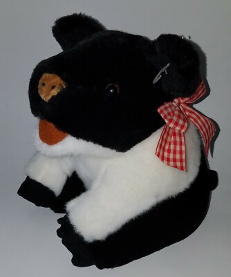 Fiesta Black White Pig Plush 10'' Stuffed Animal Toy Red Gingham Bow