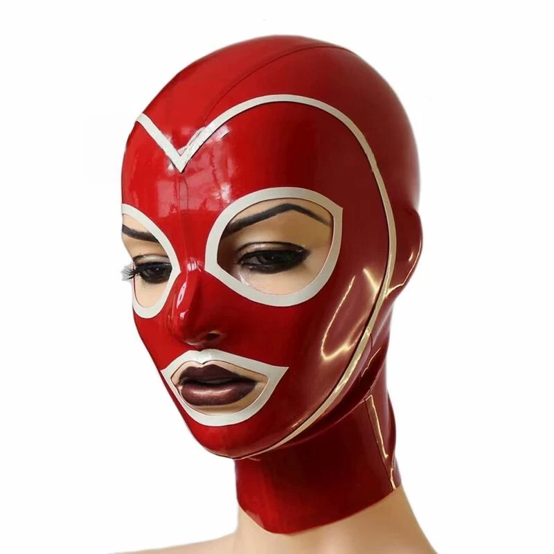 Red Latex Hood Mask with White Trim,Handmade Rubber Latex Mask with Back Zipper