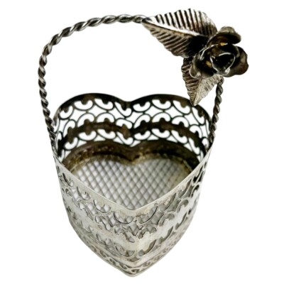 Vintage Mini Silver Plated Filigree Basket Heart Rose Metal Wire Valentine 3''