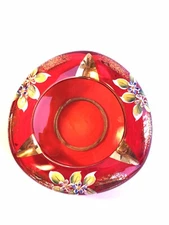 Ruby Red And Gold Hand Painted Flowers Czech Bohemian Handblown Glass Ashtray