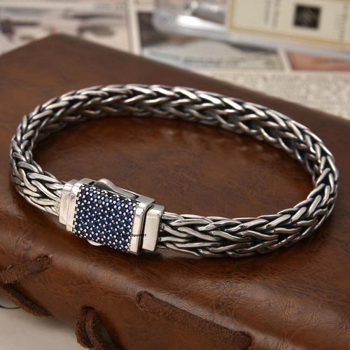 S925 Sterling Silver Men Bracelet Lucky Blue Zircon Wheat Chain Foxtail Bracelet - Afbeelding 1 van 5