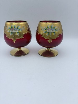 2 Vtg Bohemian Czech or Murano Ruby Art Glass Brandy Cognac Sniffer Hand Painted