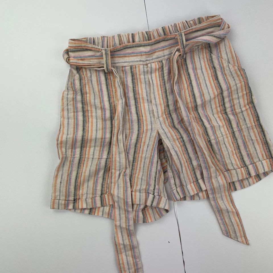 Pantalones Cortos FAT FACE 8 Beige Mujer Cintura Elástica Mezcla de Lino Cinturón a Rayas Foto 3 de 4