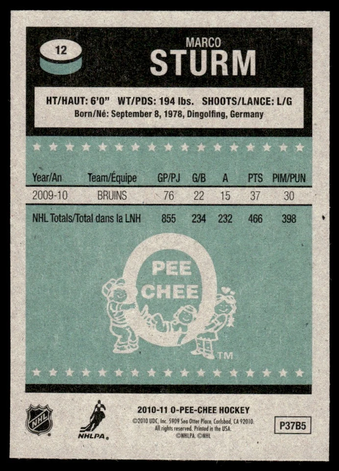 2010-11 O-Pee-Chee Marco Sturm Boston Bruins #12 - Image 2 of 2