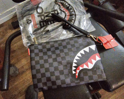 Sprayground Checkered Clutch Bag for Men Shark Mouth Wrist Strap & wallet 