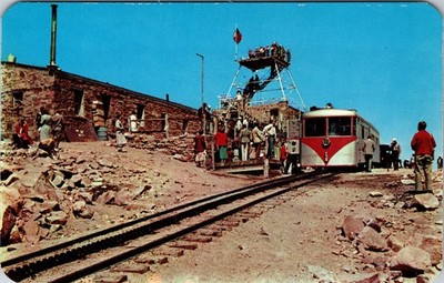 Pikes Peak Summit Colorado Diesel Train Cog Railway Stone House Vintage Postcard